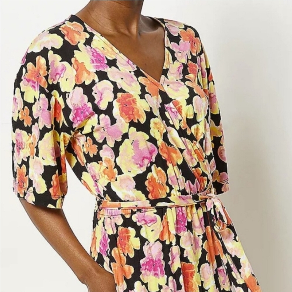 J Jason Wu Knit Printed Floral Wrap Dress Blackpink Orange  Floral Size XL - Picture 2 of 16